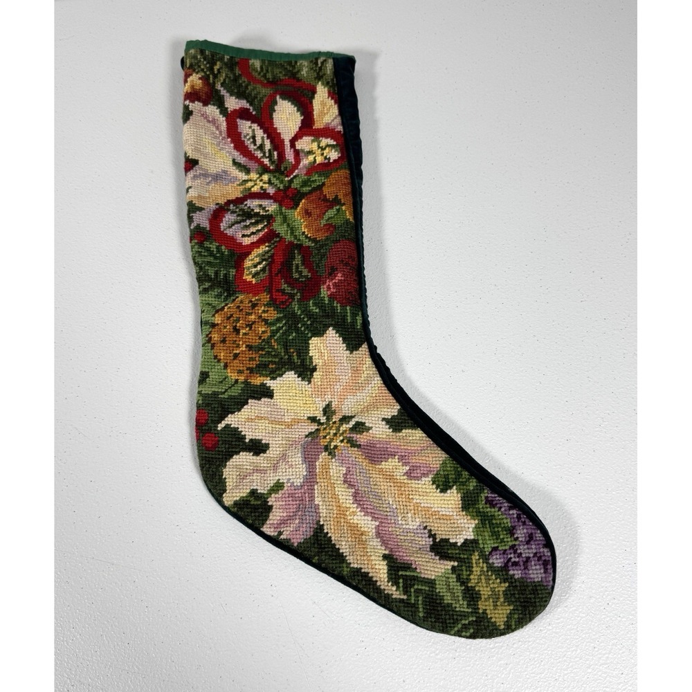 Vintage Tapestry Christmas Stocking Poinsettia Floral Velvet Back Holiday Mantel